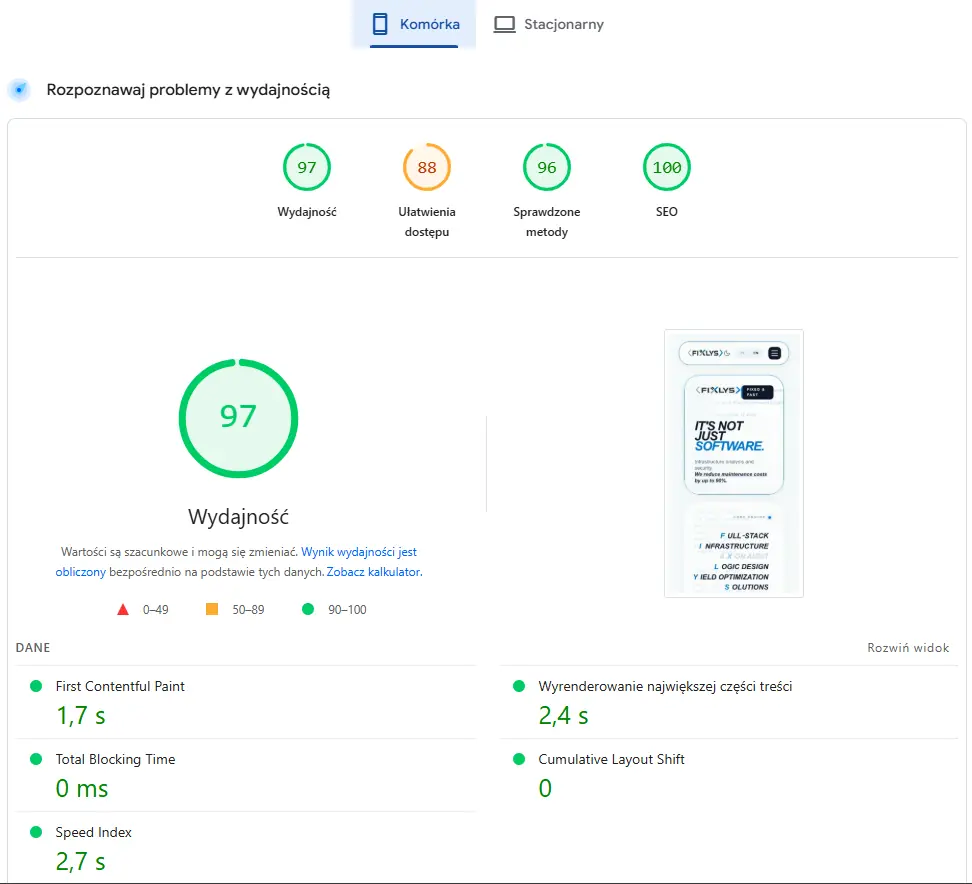 Screenshot of Google PageSpeed Insights showing a 97/100 performance score on mobile devices