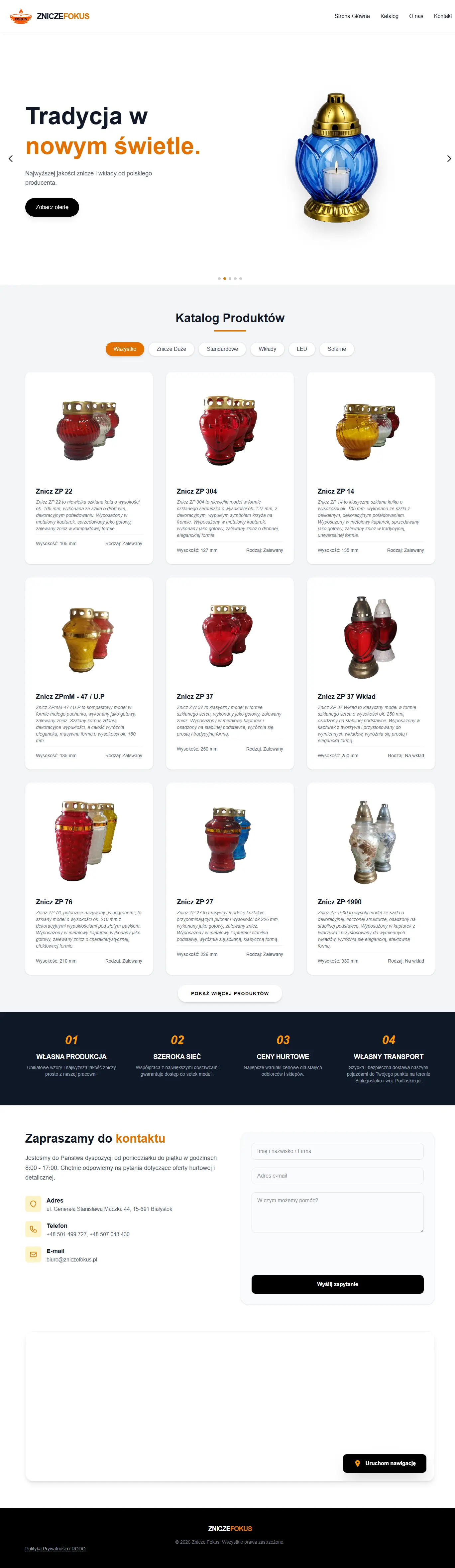 Screenshot of ZniczeFokus.pl – candle and memorial accessories catalog, website designed and developed by Fixlys.com