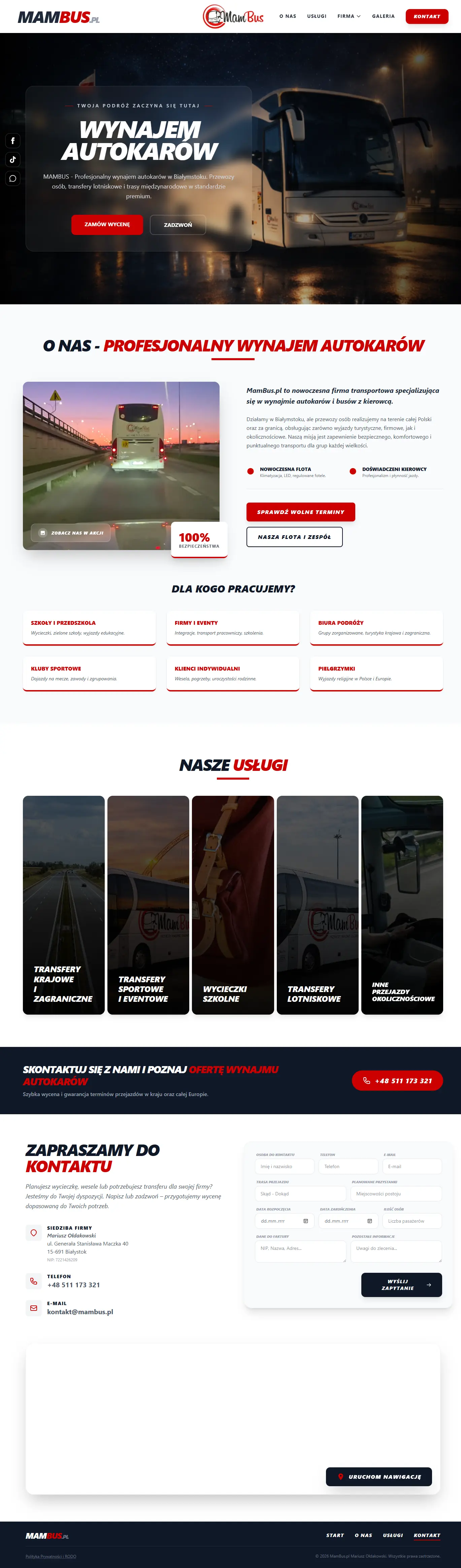 Screenshot of Mambus.pl – bus rental and transport services from Bialystok, website designed and developed by Fixlys.com