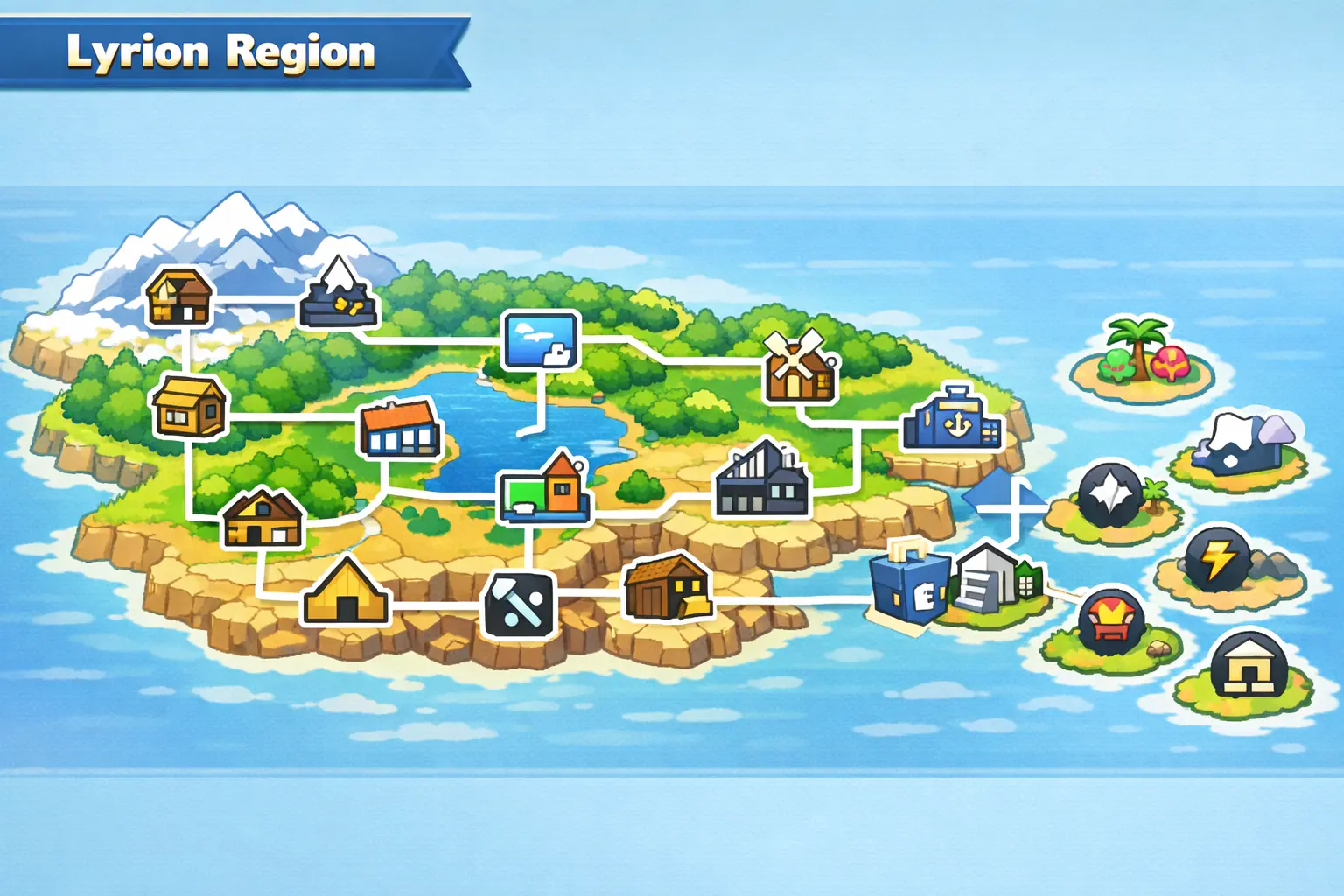 World map view in the Monster Catcher Engine – location system and level grid preview